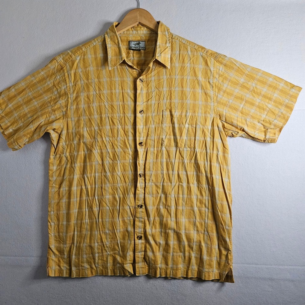Horny Toad Mens XL Short Sleeve Button Down Shirt Mustard Yellow Plaid Cotton